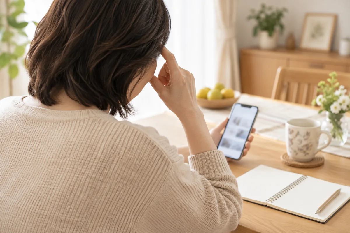 スマートフォンで情報を調べながら考える女性の後ろ姿。イメージ写真