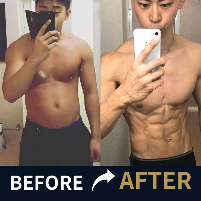 村井トレーナー本人のBefore / After。左が増量期、右が減量後